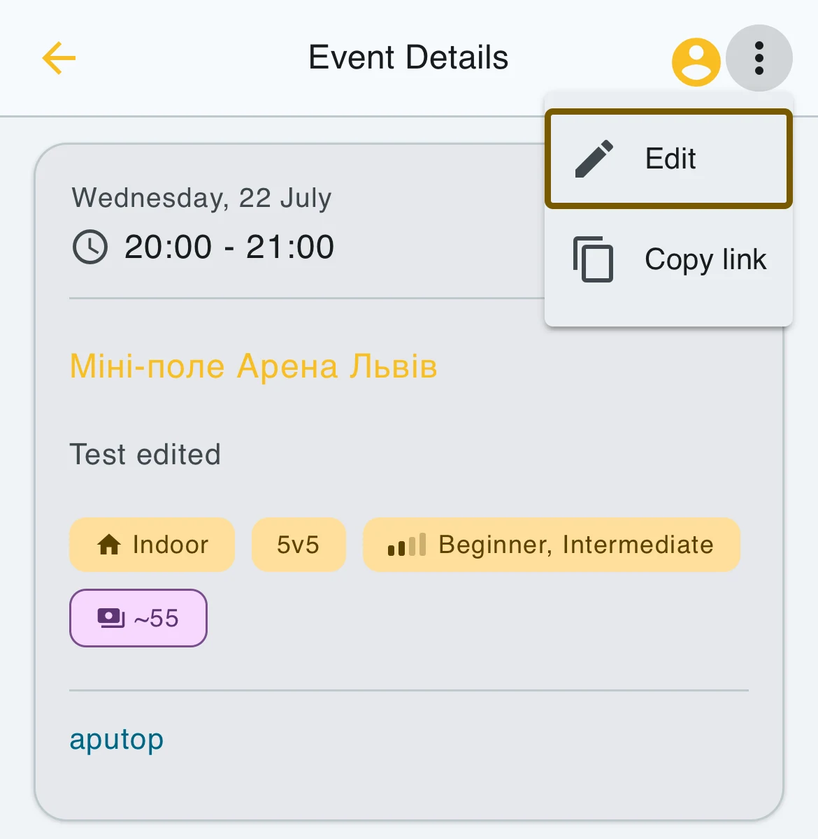 Event Details with the top options menu open on Edit