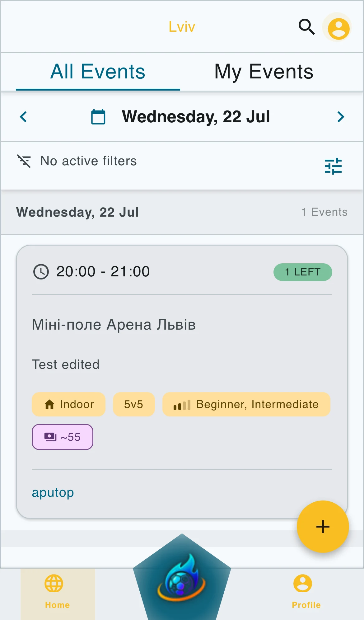 Events page with the floating plus button in the bottom-right corner