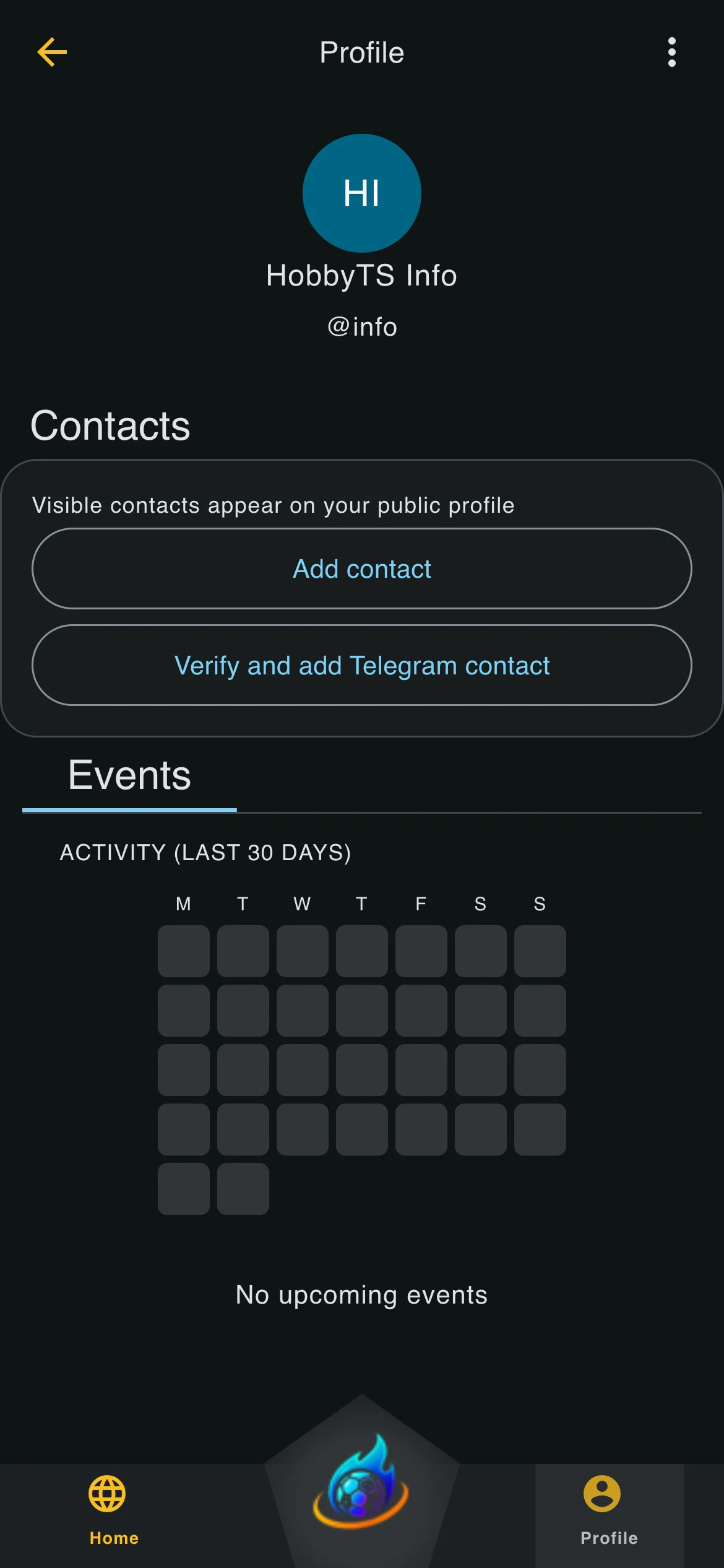 Profile screen with name, contacts, and activity