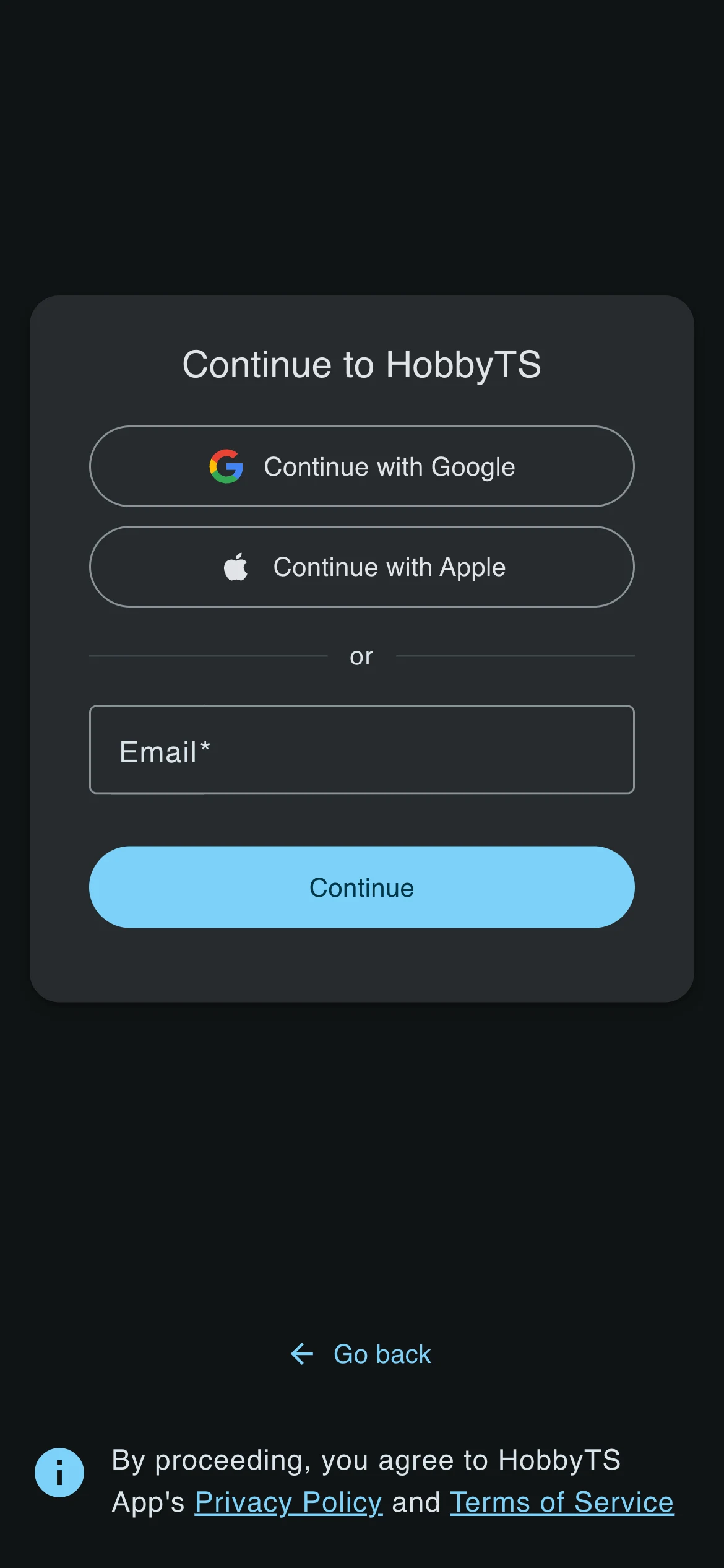 Sign-in screen showing Google, Apple, and email options